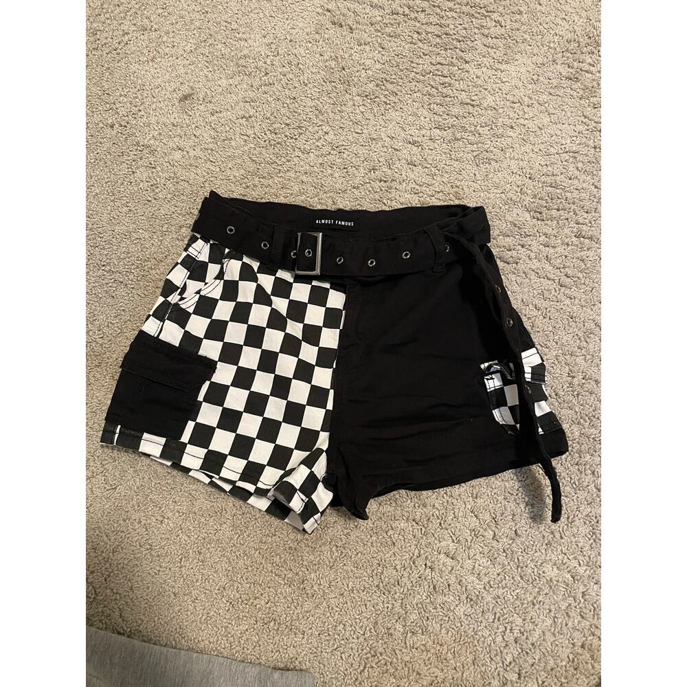 checkered almost famous white and black high rise shorts